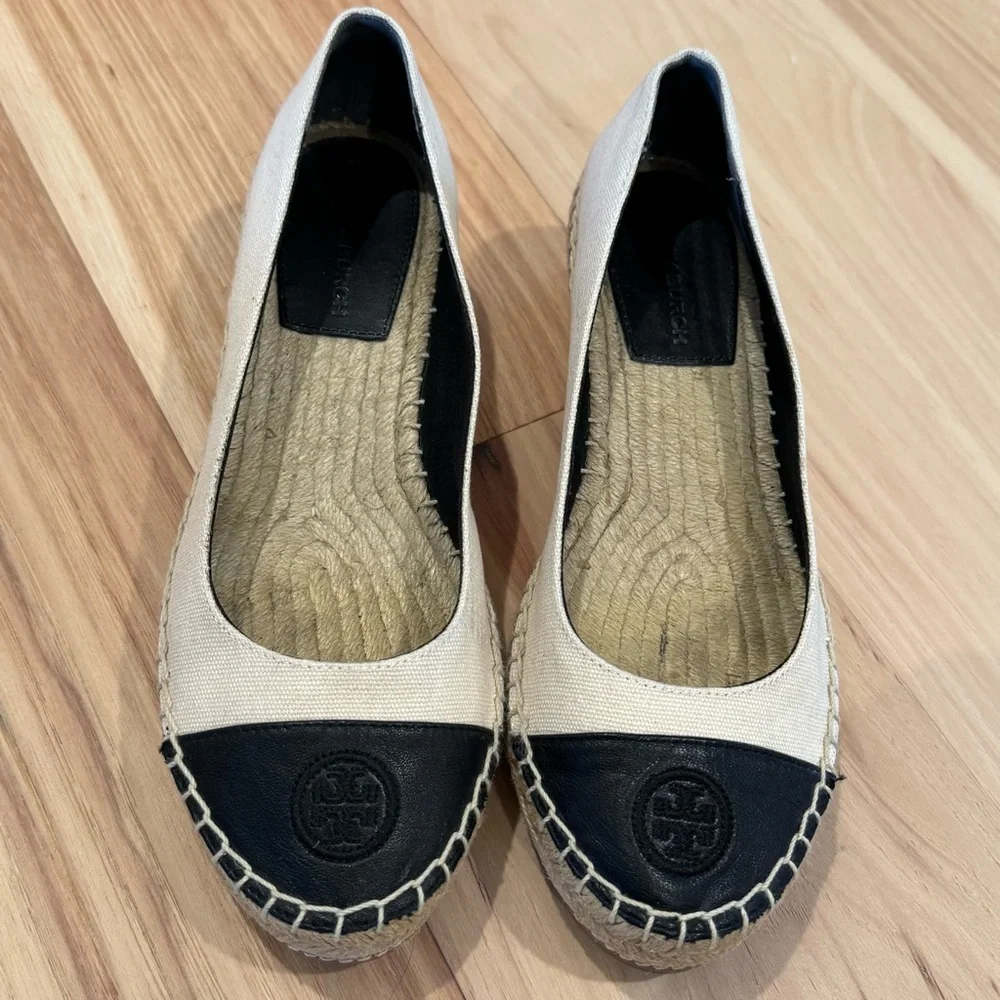 Tory Burch Beige Canvas Espadrille Flats with Black Toe Caps